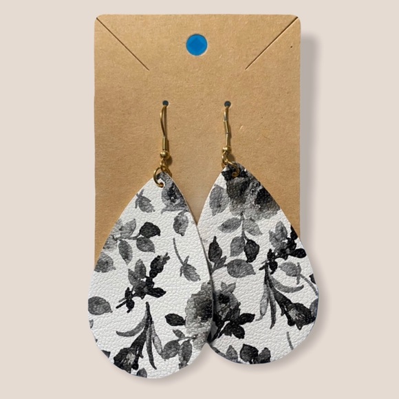 Black White Grey Floral Teardrop Dangle Earrings - Picture 1 of 4